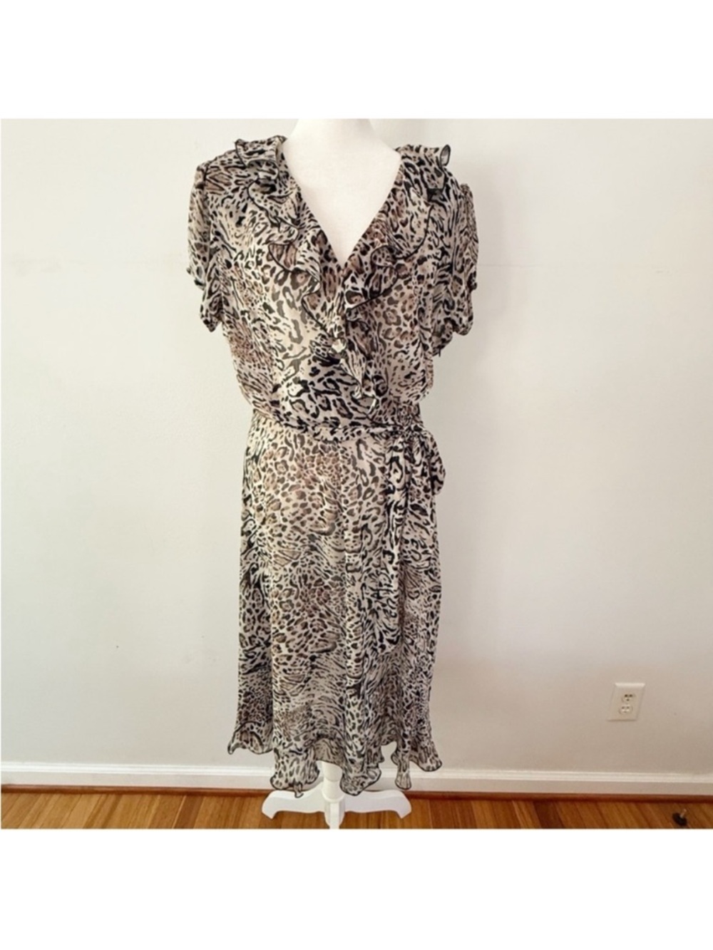 Vtg Women 90s Y2K Ruffle Sheer Leopard Print Midi Dress 12 Mob Wife Maximalist